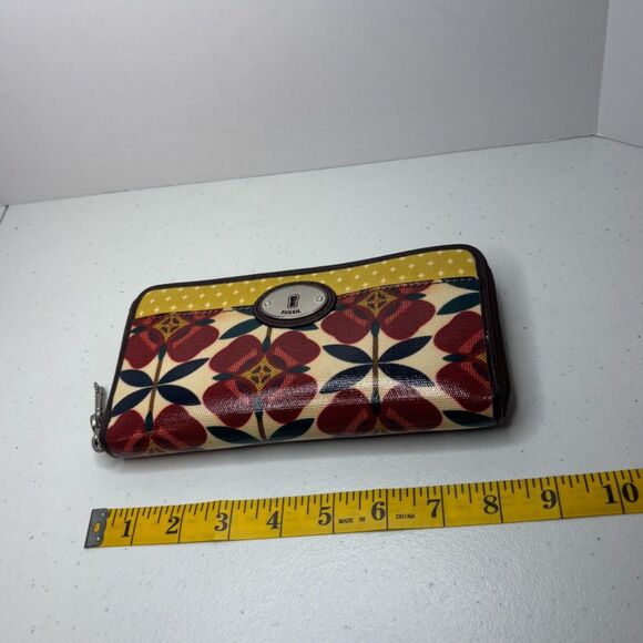 Fossil Key Per Red Yellow Floral Coated Canvas Card Zip Wallet Vintage - Picture 10 of 10